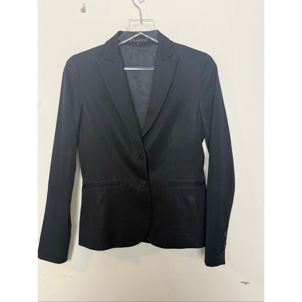 Theory Black Virgin Wool Stretch Blazer Women Size 2 Tailored Minimalist Career